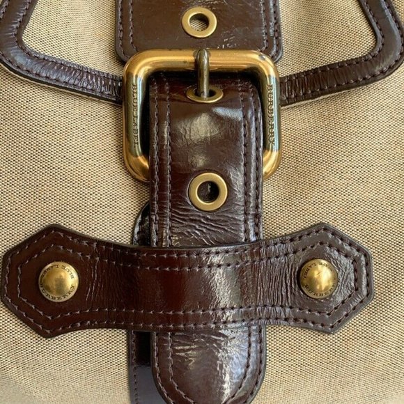 Authentic Burberry Blue Label Beige Buckle Canvas Chocolate Patent  Leather Bag - Picture 2 of 13